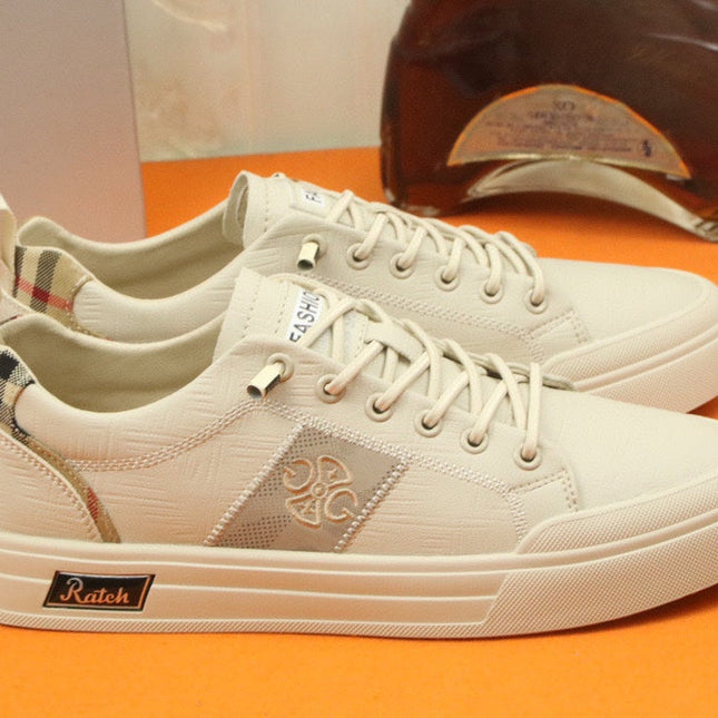 PRA TRAINER IN BEIGE CREAM CALFSKIN AND TAN EMBROIDERED FABRIC