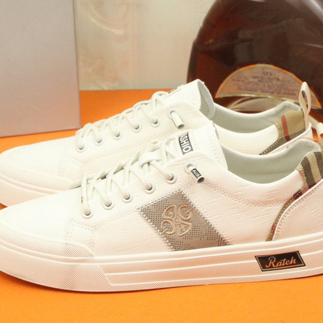 PRA TRAINER IN WHITE CALFSKIN AND TAN EMBROIDERED FABRIC