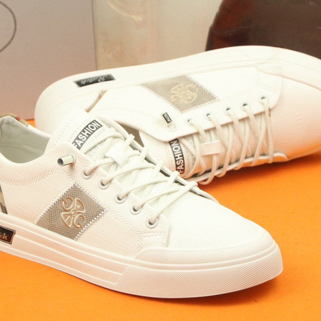 PRA TRAINER IN WHITE CALFSKIN AND TAN EMBROIDERED FABRIC
