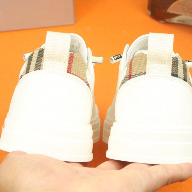 PRA TRAINER IN WHITE CALFSKIN AND TAN EMBROIDERED FABRIC
