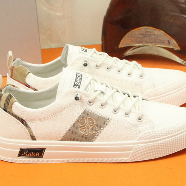 PRA TRAINER IN WHITE CALFSKIN AND TAN EMBROIDERED FABRIC