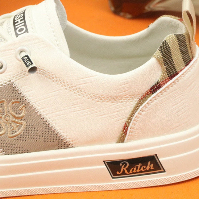 PRA TRAINER IN WHITE CALFSKIN AND TAN EMBROIDERED FABRIC