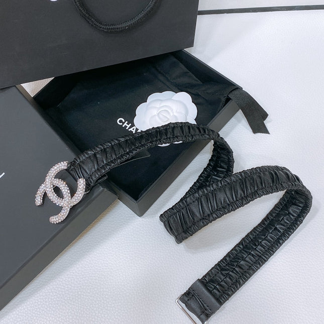 CC ELASTIC BELT 30MM IN BLACK CALFSKIN SILVER HARDWARE WITH RHINSTONES