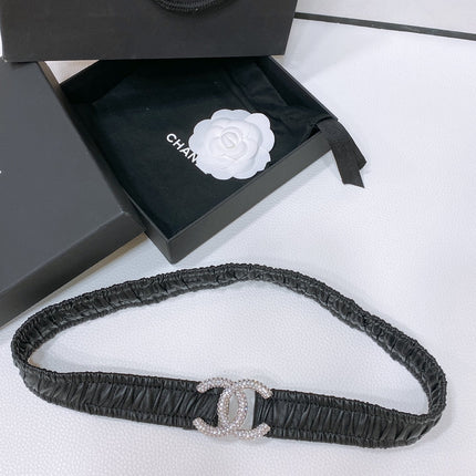 CC ELASTIC BELT 30MM IN BLACK CALFSKIN SILVER HARDWARE WITH RHINSTONES