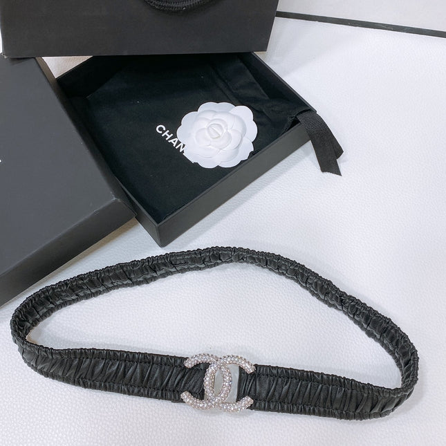 CC ELASTIC BELT 30MM IN BLACK CALFSKIN SILVER HARDWARE WITH RHINSTONES