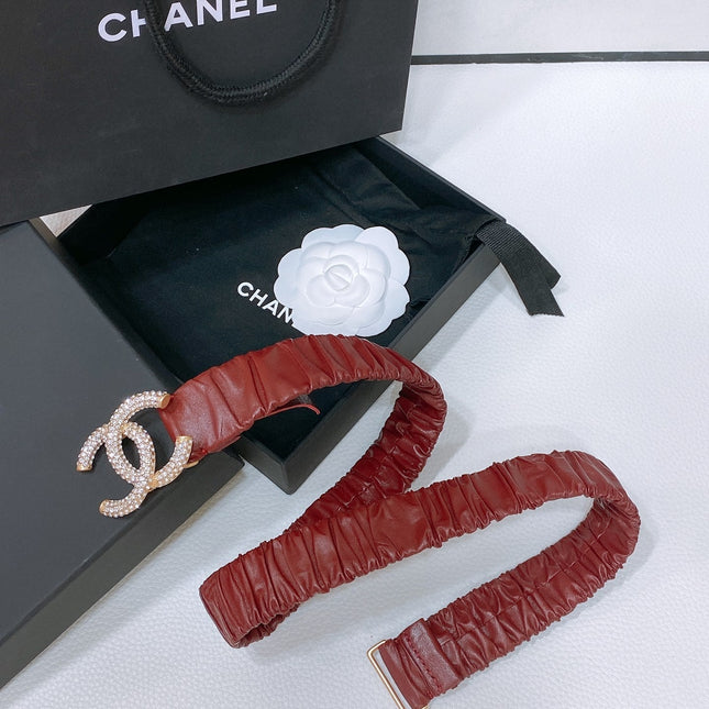CC ELASTIC BELT 30MM IN WINE RED CALFSKIN GOLD HARDWARE WITH RHINSTONES