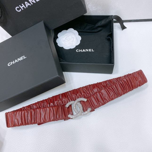 CC ELASTIC BELT 30MM IN WINE RED CALFSKIN SILVER HARDWARE WITH RHINSTONES