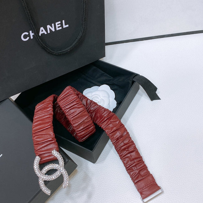 CC ELASTIC BELT 30MM IN WINE RED CALFSKIN SILVER HARDWARE WITH RHINSTONES