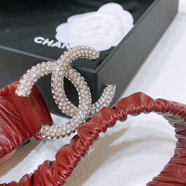CC ELASTIC BELT 30MM IN WINE RED CALFSKIN SILVER HARDWARE WITH RHINSTONES