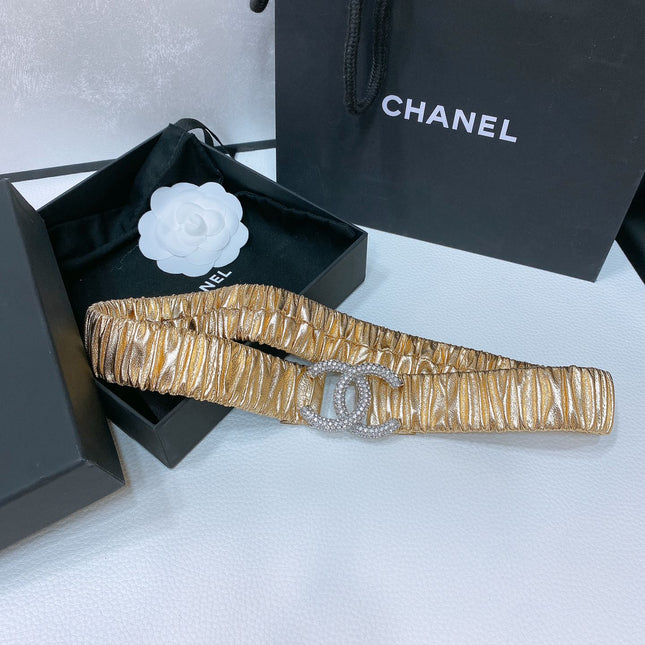CC ELASTIC BELT 30MM IN GOLD CALFSKIN SILVER HARDWARE WITH RHINSTONES