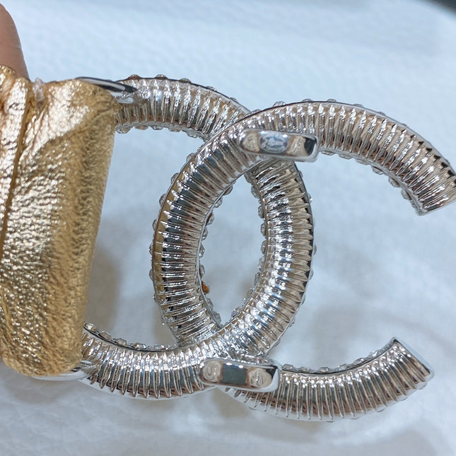 CC ELASTIC BELT 30MM IN GOLD CALFSKIN SILVER HARDWARE WITH RHINSTONES