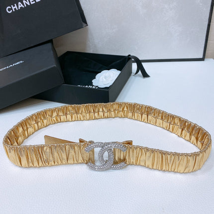 CC ELASTIC BELT 30MM IN GOLD CALFSKIN SILVER HARDWARE WITH RHINSTONES