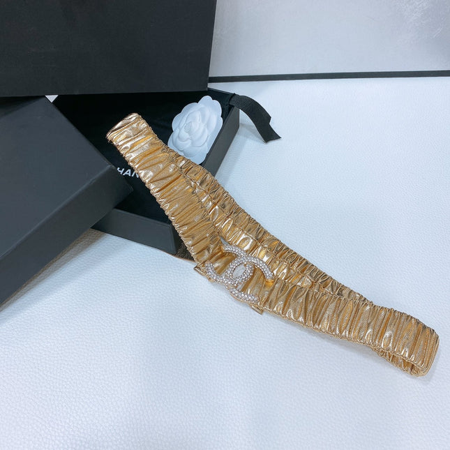 CC ELASTIC BELT 30MM IN GOLD CALFSKIN GOLD HARDWARE WITH RHINSTONES