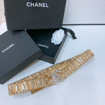 CC ELASTIC BELT 30MM IN GOLD CALFSKIN GOLD HARDWARE WITH RHINSTONES