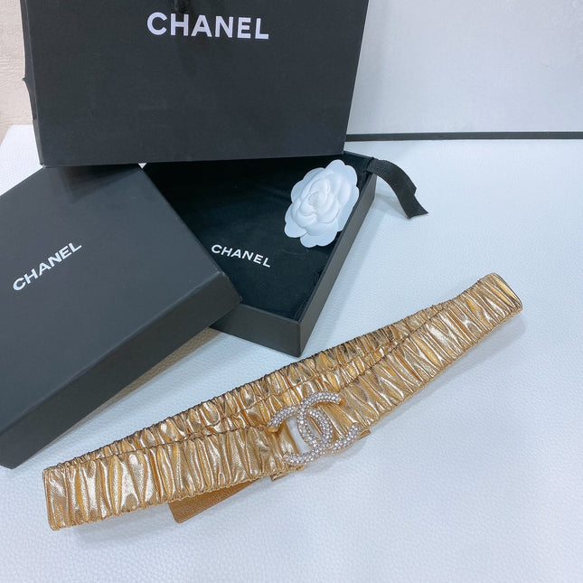 CC ELASTIC BELT 30MM IN GOLD CALFSKIN GOLD HARDWARE WITH RHINSTONES