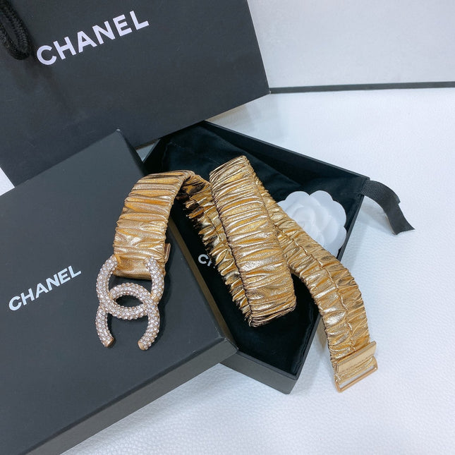 CC ELASTIC BELT 30MM IN GOLD CALFSKIN GOLD HARDWARE WITH RHINSTONES