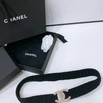 CC ELASTIC BELT 30MM IN BLACK WOOL FABRIC GOLD HARDWARE WITH RHINSTONES