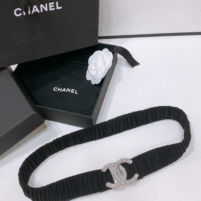 CC ELASTIC BELT 30MM IN BLACK WOOL FABRIC SILVER HARDWARE WITH RHINSTONES