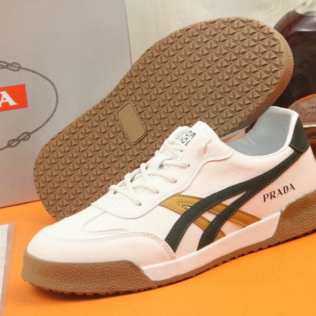 PRA SNEAKER IN WHITE CALFSKIN WITH BLACK AND YELLOW STRIPED
