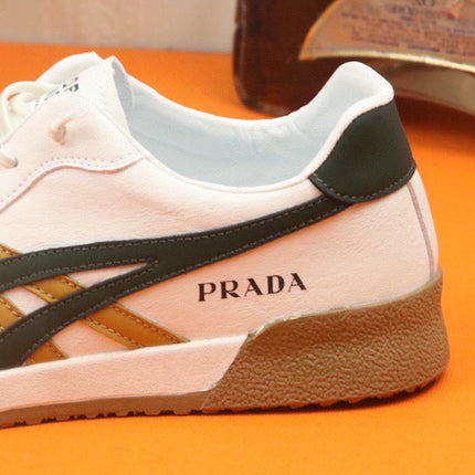 PRA SNEAKER IN WHITE CALFSKIN WITH BLACK AND YELLOW STRIPED