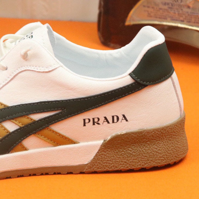 PRA SNEAKER IN WHITE CALFSKIN WITH BLACK AND YELLOW STRIPED