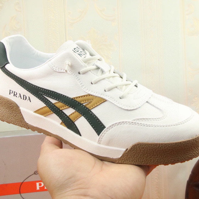PRA SNEAKER IN WHITE CALFSKIN WITH BLACK AND YELLOW STRIPED