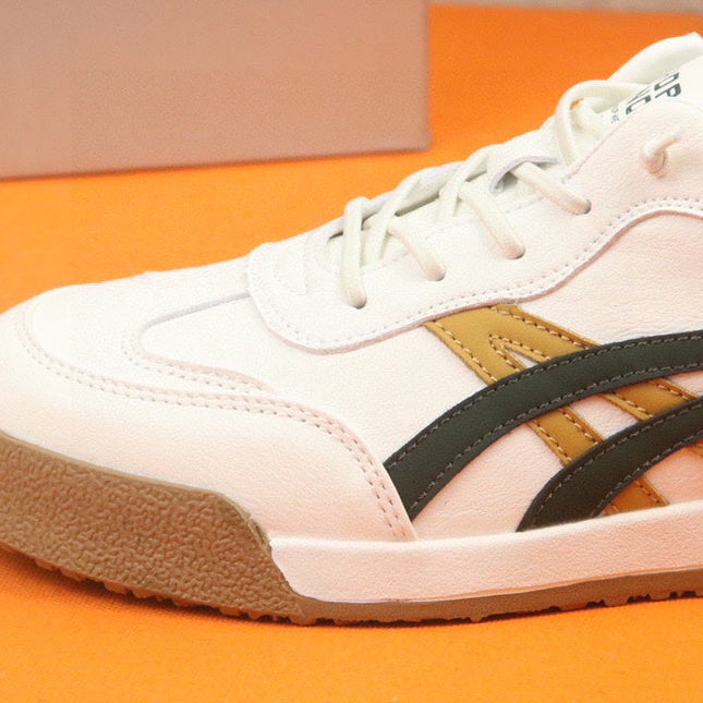 PRA SNEAKER IN WHITE CALFSKIN WITH BLACK AND YELLOW STRIPED