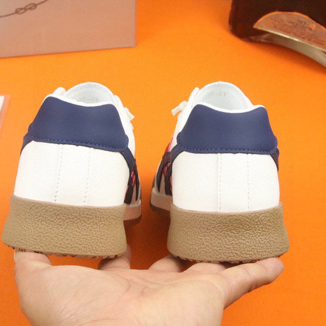 PRA SNEAKER IN WHITE CALFSKIN WITH NAVY BLUE AND RED STRIPED