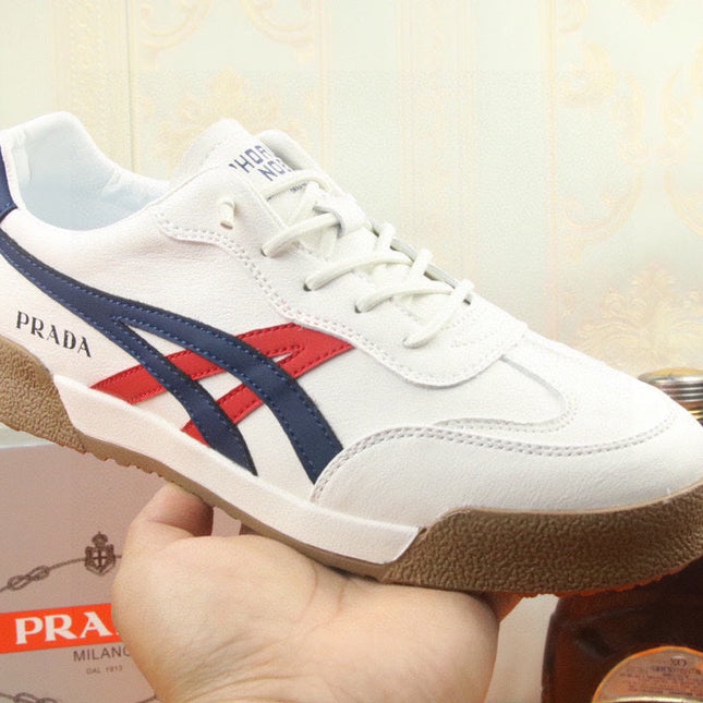 PRA SNEAKER IN WHITE CALFSKIN WITH NAVY BLUE AND RED STRIPED