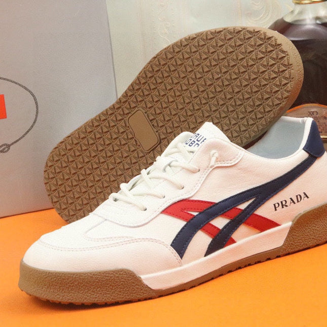 PRA SNEAKER IN WHITE CALFSKIN WITH NAVY BLUE AND RED STRIPED
