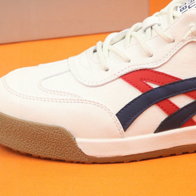 PRA SNEAKER IN WHITE CALFSKIN WITH NAVY BLUE AND RED STRIPED