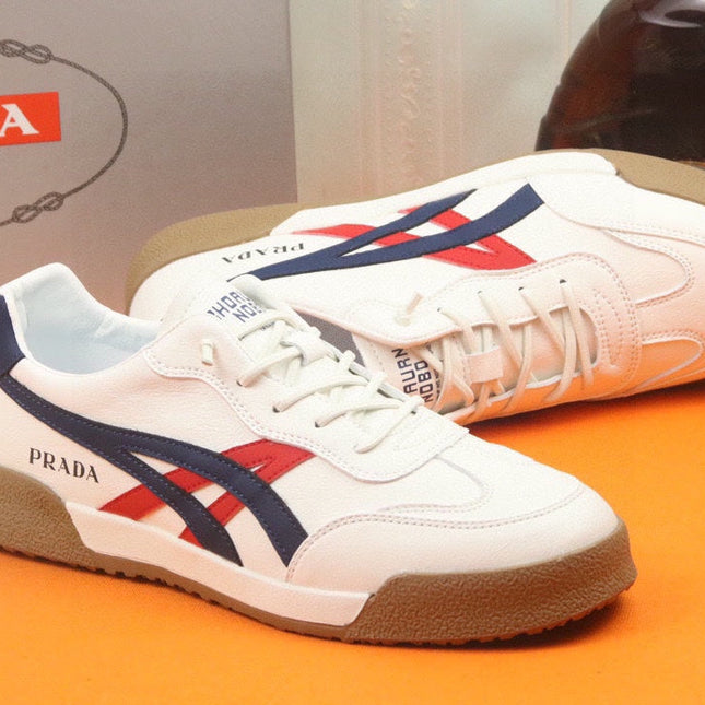 PRA SNEAKER IN WHITE CALFSKIN WITH NAVY BLUE AND RED STRIPED