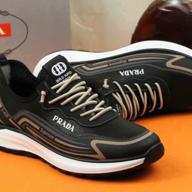 PRA SNEAKER IN BLACK MIX GOLD CALFSKIN AND BREATHABLE MESH