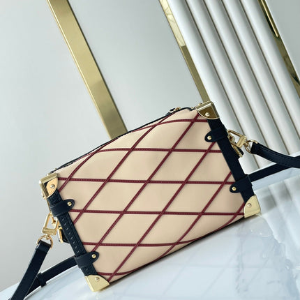 SIDE TRUNK 21 IN BEIGE RED LAMBSKIN WITH CRISS CROSS PATTERN GOLD HARDWARE