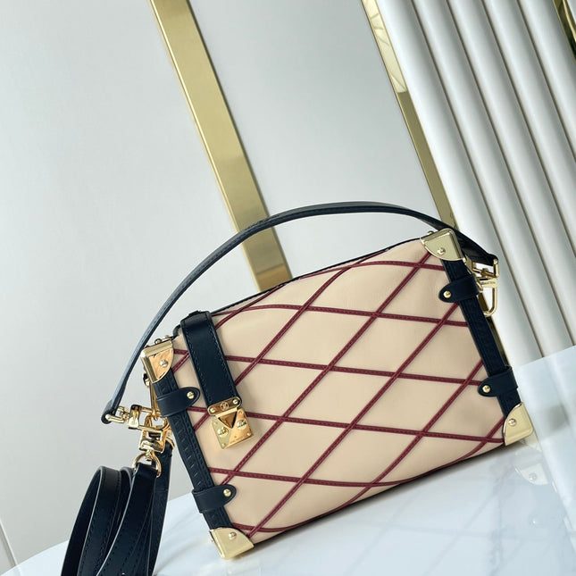 SIDE TRUNK 21 IN BEIGE RED LAMBSKIN WITH CRISS CROSS PATTERN GOLD HARDWARE