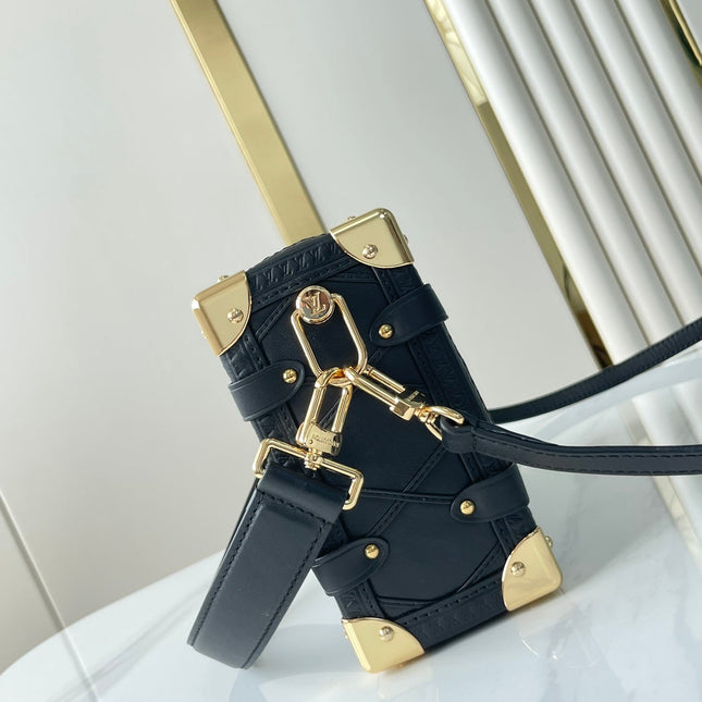 SIDE TRUNK 21 IN BLACK LAMBSKIN WITH CRISS CROSS PATTERN GOLD HARDWARE