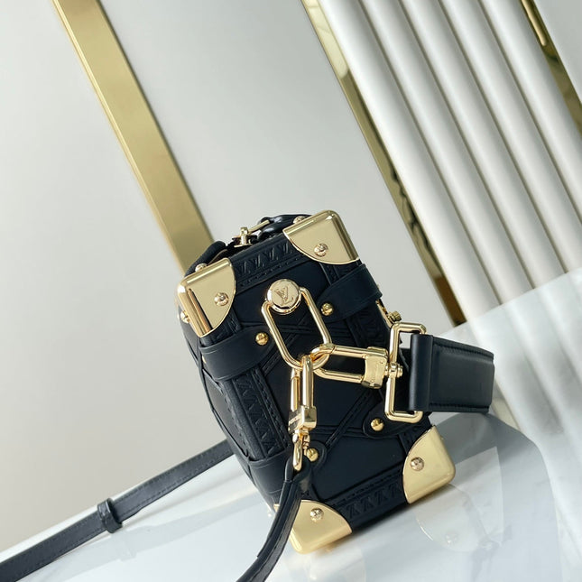 SIDE TRUNK MINI 18 IN BLACK LAMBSKIN WITH CRISS CROSS PATTERN GOLD HARDWARE