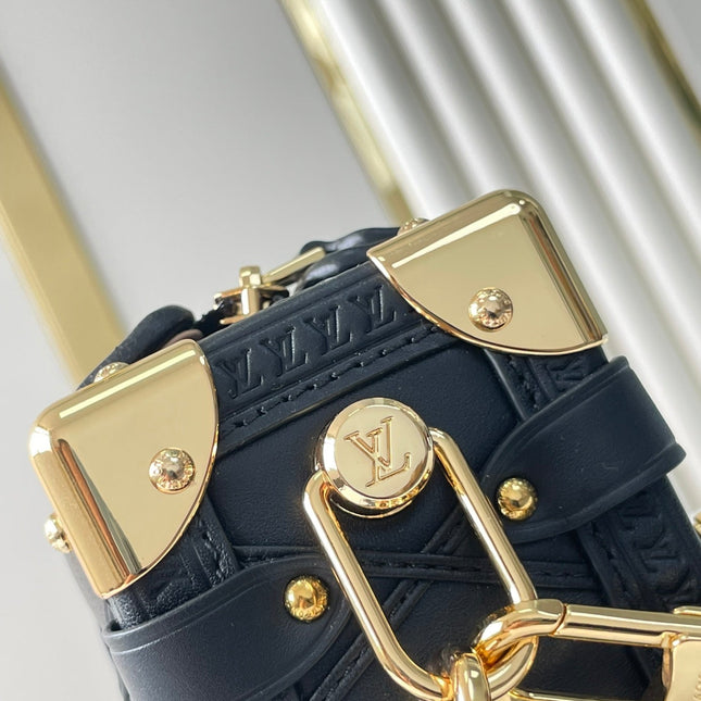 SIDE TRUNK MINI 18 IN BLACK LAMBSKIN WITH CRISS CROSS PATTERN GOLD HARDWARE