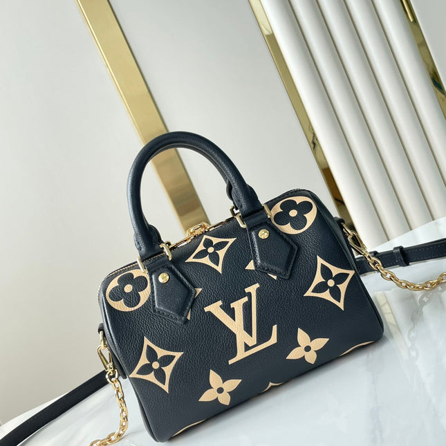SPEEDY BANDOULIÈRE 20 IN BLACK CREAM MONOGRAM EMPREINTE LEATHER GOLD HARDWARE