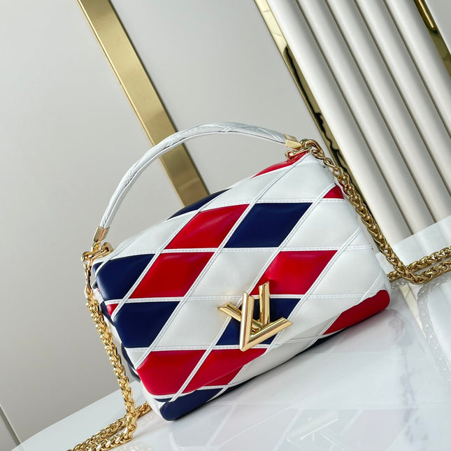 GO-14 MM 23 IN WHITE RED MIX NAVY BLUE QUILTED LAMBSKIN GOLD HARDWARE