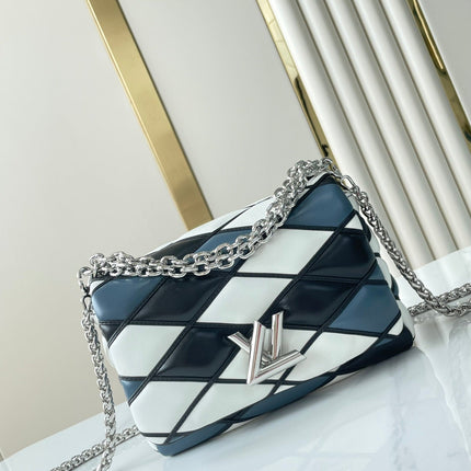 GO-14 MM 23 IN WHITE BLACK MIX STEEL BLUE QUILTED LAMBSKIN SILVER HARDWARE