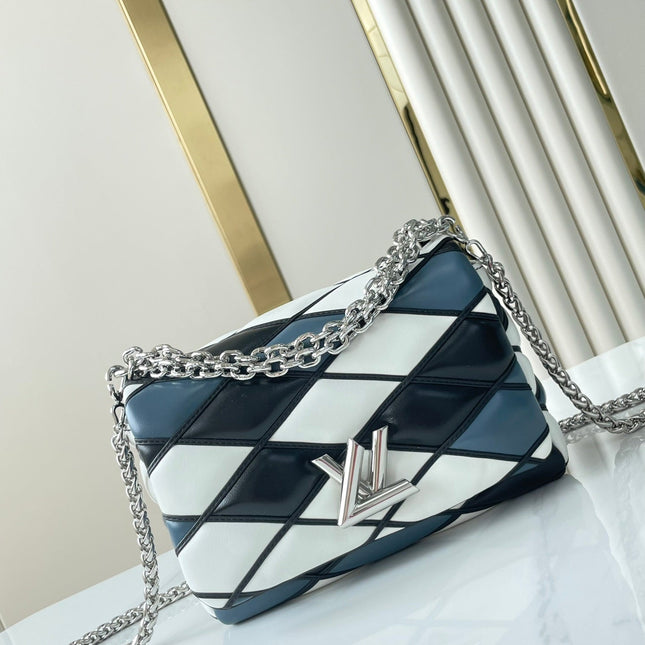 GO-14 MM 23 IN WHITE BLACK MIX STEEL BLUE QUILTED LAMBSKIN SILVER HARDWARE