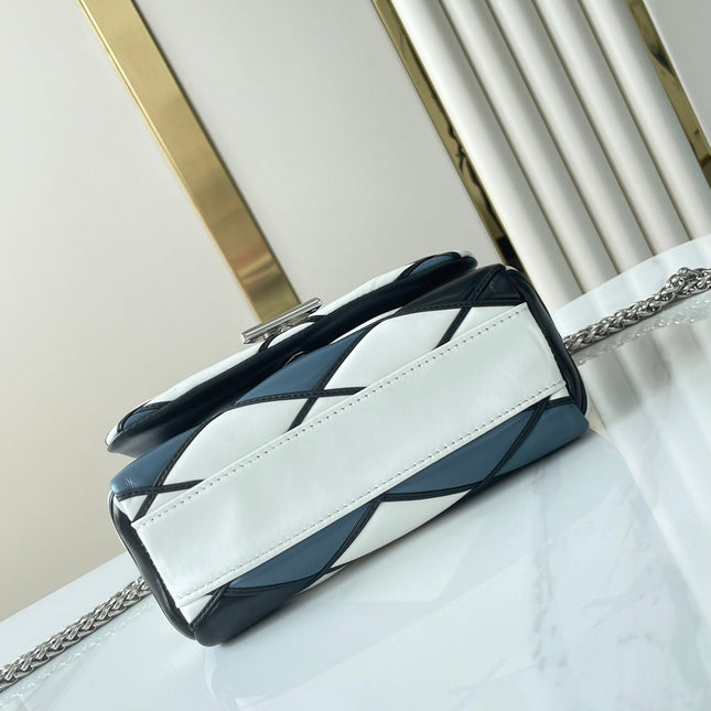 GO-14 MM 23 IN WHITE BLACK MIX STEEL BLUE QUILTED LAMBSKIN SILVER HARDWARE