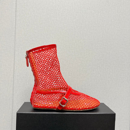 ALAIA SHORT BOOTS IN ORANGE RED MESH FISHNET