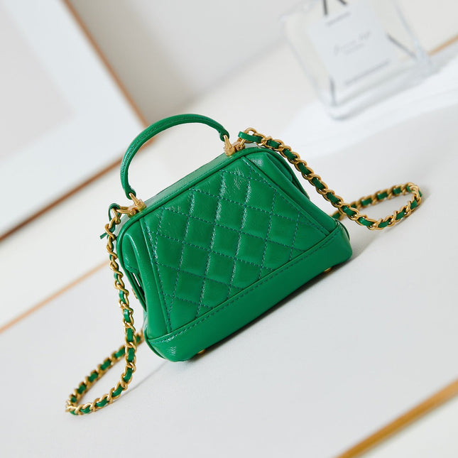 MINI TOP HANDLE BAG 13 IN GREEN OIL-WAX LAMBSKIN GOLD HARDWARE