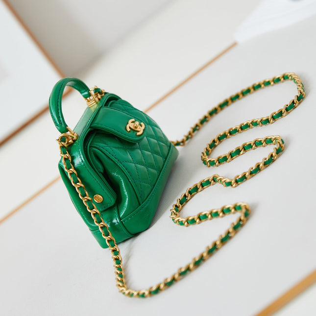 MINI TOP HANDLE BAG 13 IN GREEN OIL-WAX LAMBSKIN GOLD HARDWARE