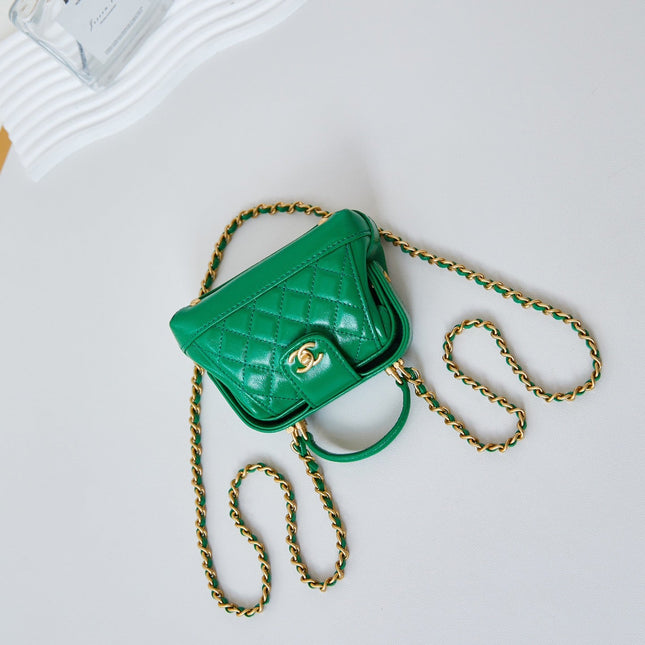 MINI TOP HANDLE BAG 13 IN GREEN OIL-WAX LAMBSKIN GOLD HARDWARE