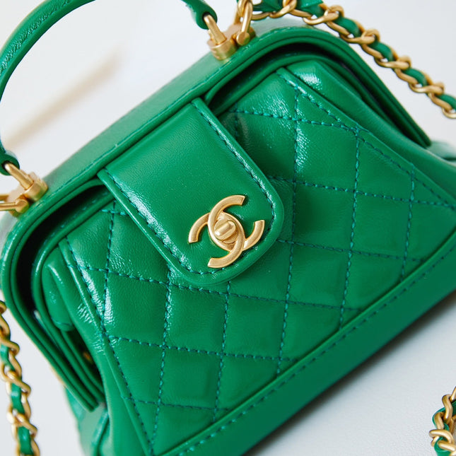 MINI TOP HANDLE BAG 13 IN GREEN OIL-WAX LAMBSKIN GOLD HARDWARE