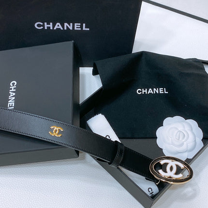 CC 30MM BELT IN BLACK SMOOTH CALFSKIN WHITE MIX BLACK METAL LOGO GOLD HARDWARE