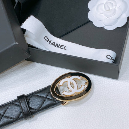 CC 30MM BELT IN BLACK EMBROIDERED CALFSKIN WHITE MIX BLACK METAL LOGO GOLD HARDWARE